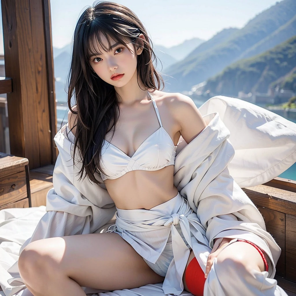 日本people、１people、The most beautiful woman、clear、Shiny black hair、Photo Style、length, bangs、light makeup、Standard face、(((Wearing a white Etchu loincloth)))、((Light clothing:0.5))、(She is hiding her breasts by wrapping a cloth around her chest.)、Summer festival、(((Showing off your loincloth))), (((The lower half of the body is only a loincloth))), 32k, Raw photo、Highest quality