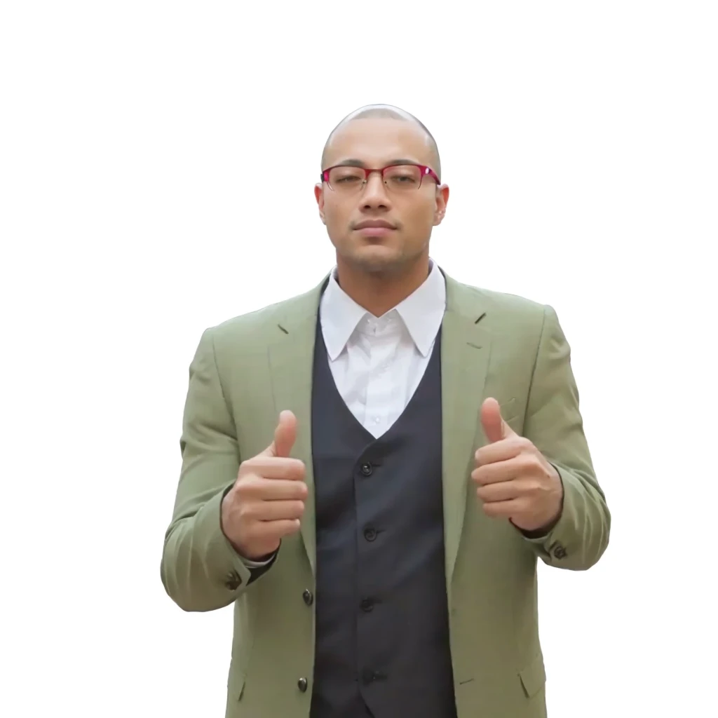 man in green suit and tie giving a thumbs up