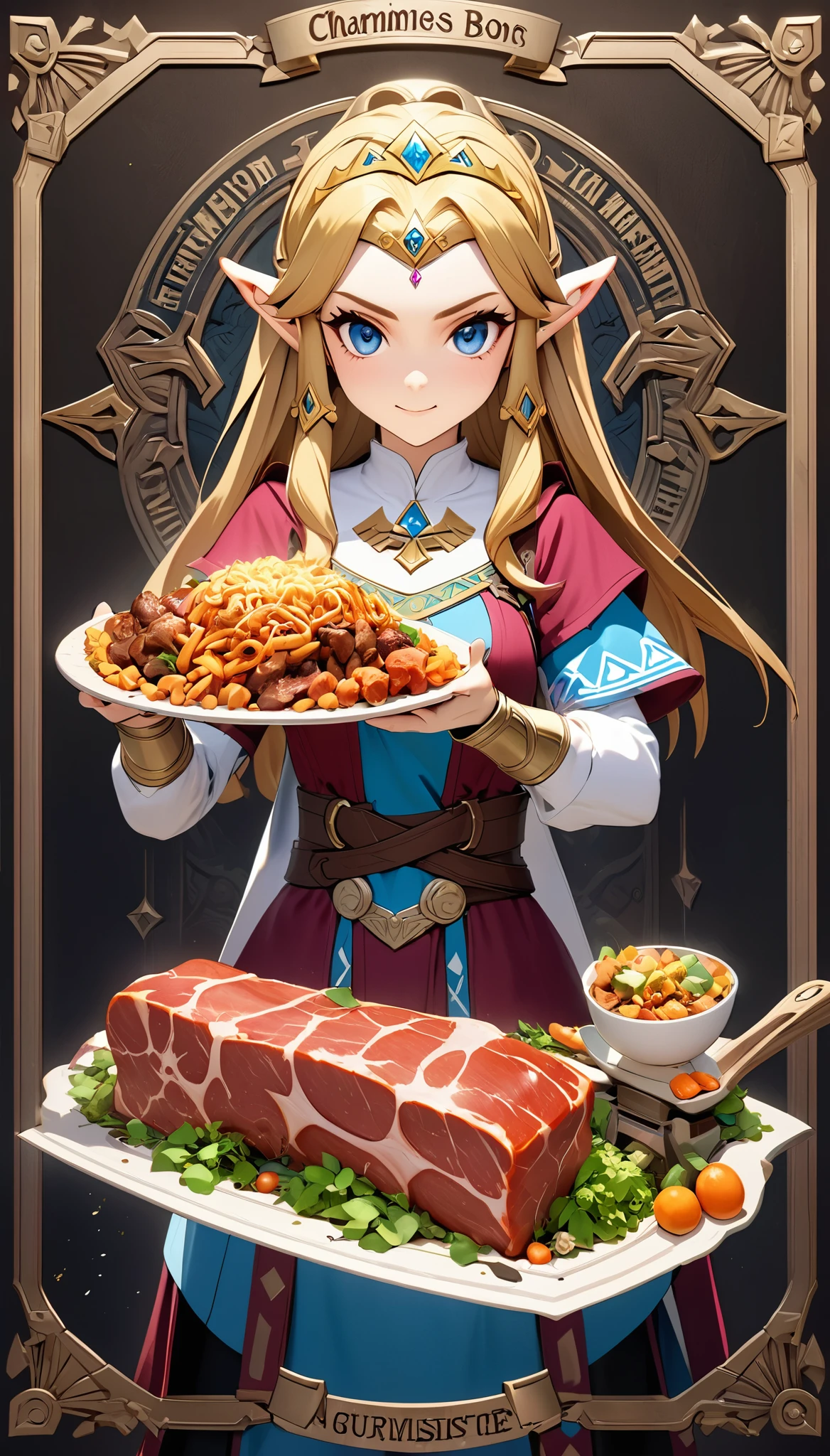The Legend of Zelda, Princess Zelda, Official Fan Art, First Grand Prize Winner,
BREAK Professional spray work, Detailed and intricate texture, Detailed and intricate brushwork, Detailed and clear depiction, Anatomically correct, Absurd aesthetics, BREAK Princess Zelda,
BREAK Competitive Eating Championship Challenge, Devour bone-in meat, A background made up entirely of small pieces of meat on bones, Mix in the bones after eating.,
BREAK New World Record, Guinness World Record Break, A legend that will be passed down forever,
Fantasy adventure RPG, Charming character, Full 3D CG,
Optimized Octa Rendering, Aesthetic posters that attract new players,