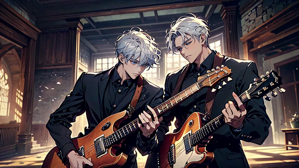 "best quality , High quality , The best details ,Portrait of a passionate guitarist,2 men, in the bedroom,A place where sunlight shines through , Create a play of light and shadow.. Guitarist holding a wooden guitar, inside the room, striking black shirt. Mesmerizing performance moments, Musicians immerse themselves in music.,beautiful sky,a young man,short hairstyle,(black short hair),handsome, blue eyes, handsome, father,Wear a wedding ring on the finger,another man,another manwhite hair(white hair), blue eyes"