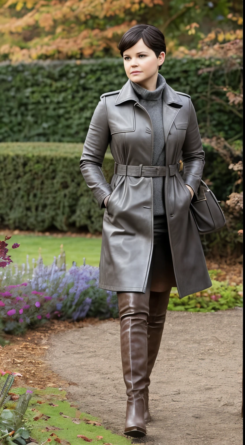 Mature Ginnifer Goodwin standing in garden, It is autumn, she wears very long light grey leather overknee boots, and clothing appropriate to the weather, it's cloudy, she is wearing make-up, and she looks seductively into the camera