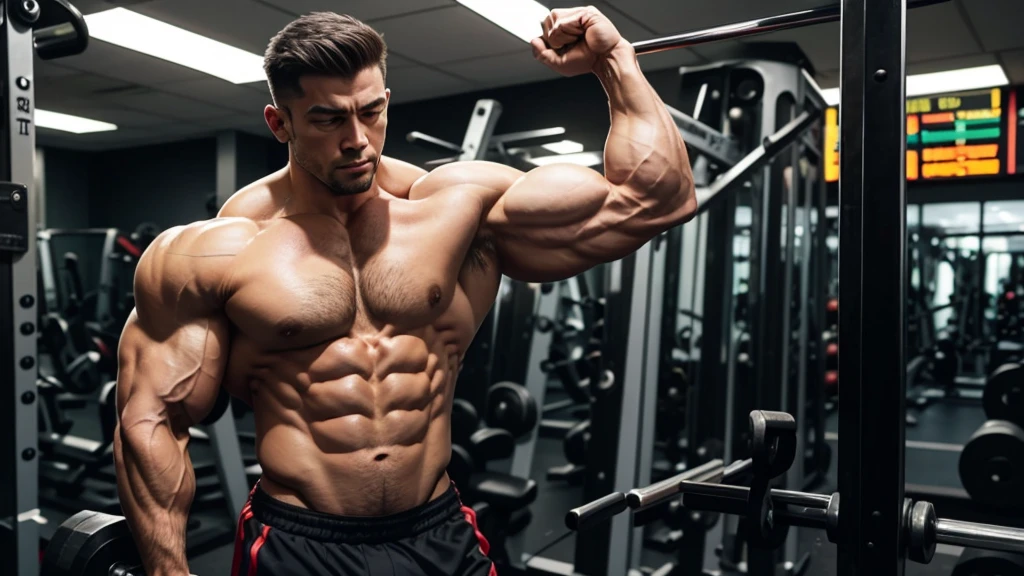 A standing bodybuilder showing his muscular and defined triceps after making a workout in a gym ambient