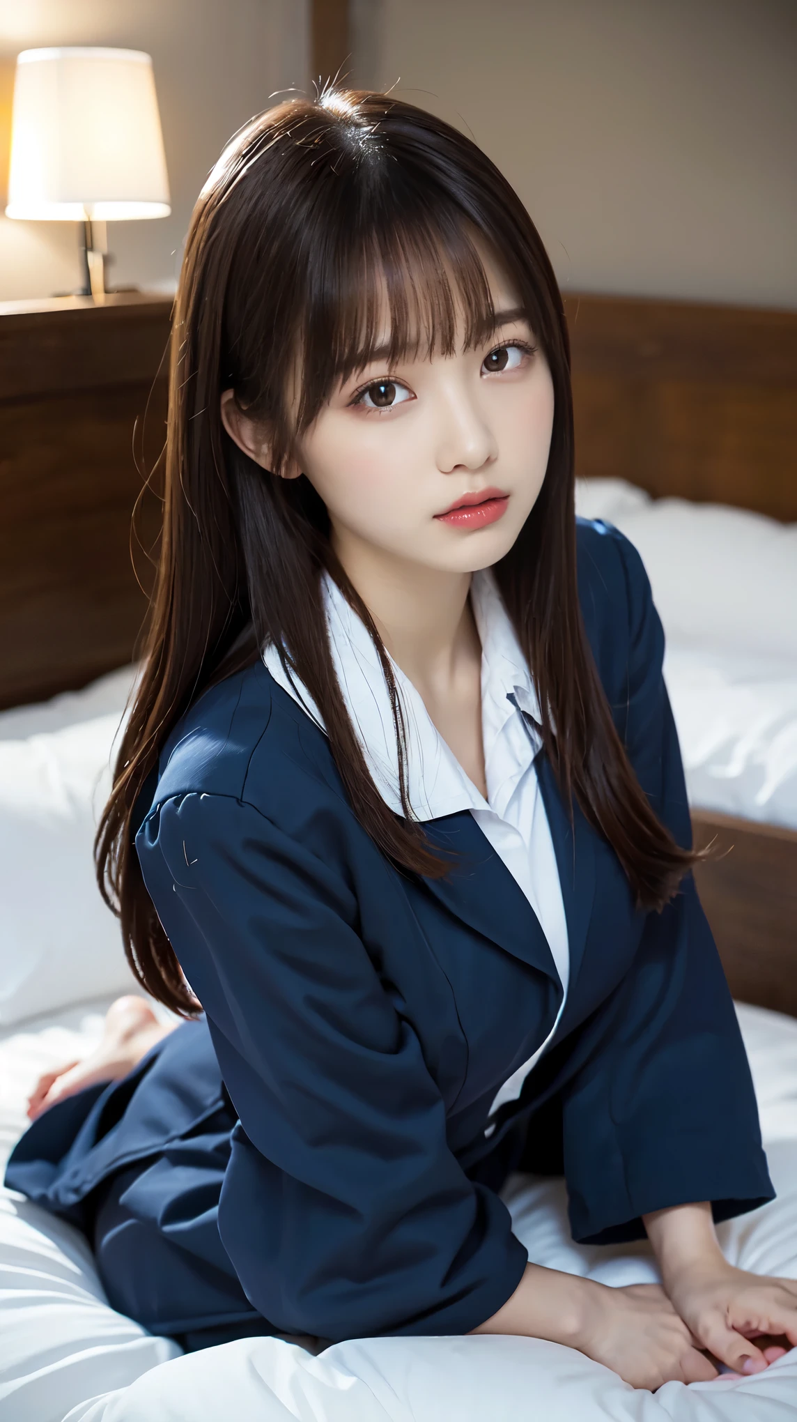 Graduation Ceremony、high school girl、uniform 、Navy jacket、Checkered pleated skirt、White shirt、Bedroom、Lying in bed、Sexy pose、Perfect proportions、cute、((18-year-old female:1.2))、Young and adorable Japanese face,Big Breasts, valley, Official Art,Highly detailed CG Unity 8K wallpaper,(masterpiece:1.0),(Highest quality:1.0), High resolution,4K,Very detailed, photo shoot, 8K, nsfw, High resolution, Kodak Portrait 400, Film Grain, Lens flare brilliance, Professional Lighting,Cinematic Light, View your viewers