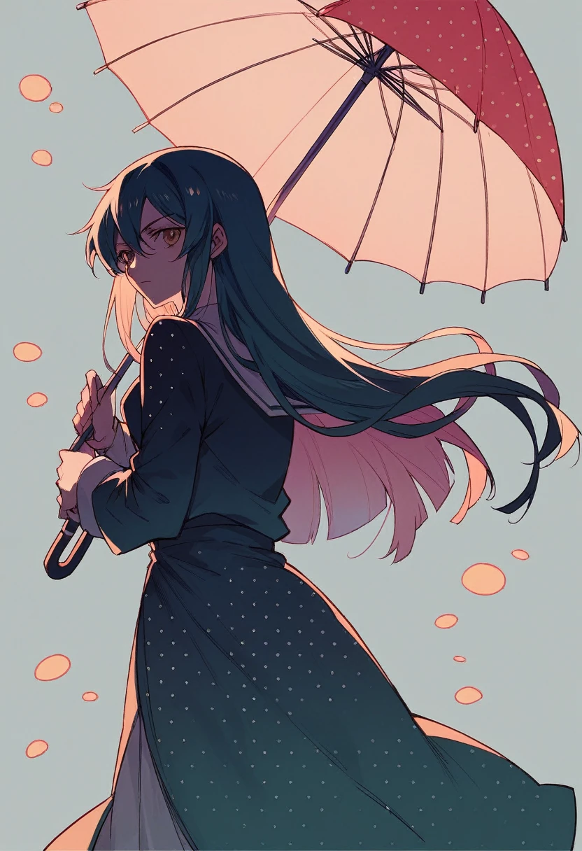 Stylish animated Japanese highschool gal transparent silhouette, brightly colored many umbrellas and polka dot background,