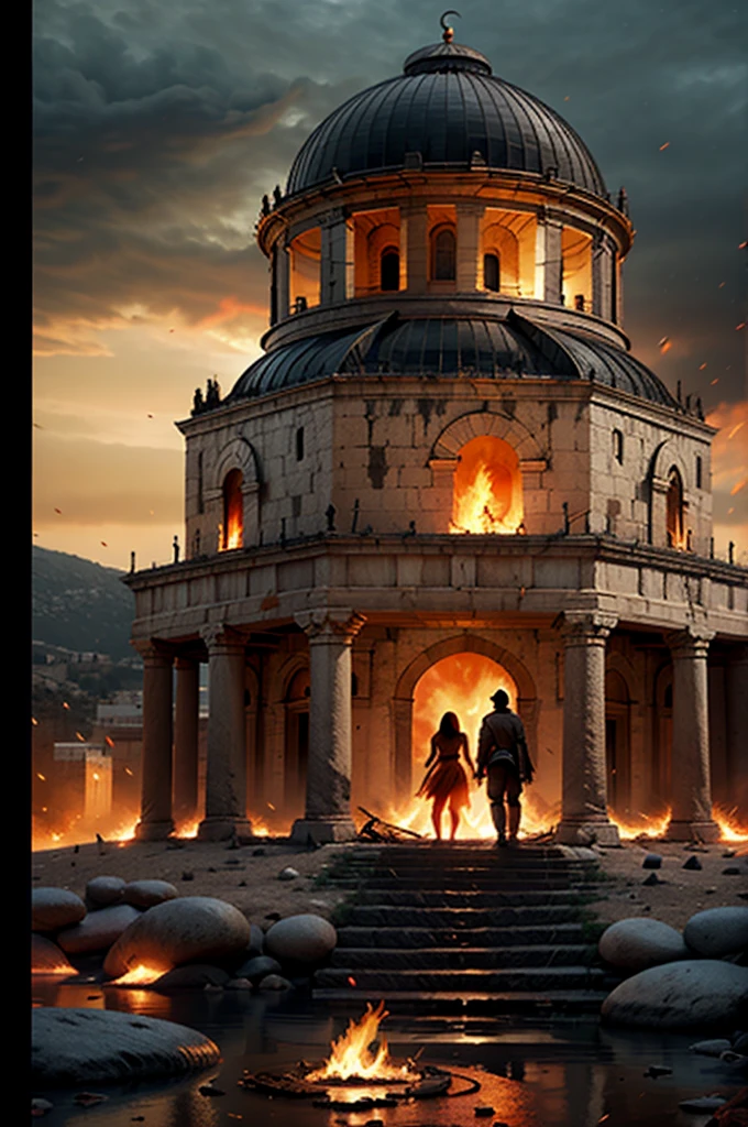 Al-Aqsa depicted in flames, intense focus on the iconic architecture succumbing to fire, global audience in background represented by silhouettes of diverse populations in various emotions of shock and concern, framed as if capturing a pivotal scene from an emotional historical drama, film-still style, emphasis on the contrast between the fire's harsh oranges and reds against the cool, monochromatic silhouettes, chiaroscuro, digital painting, capt