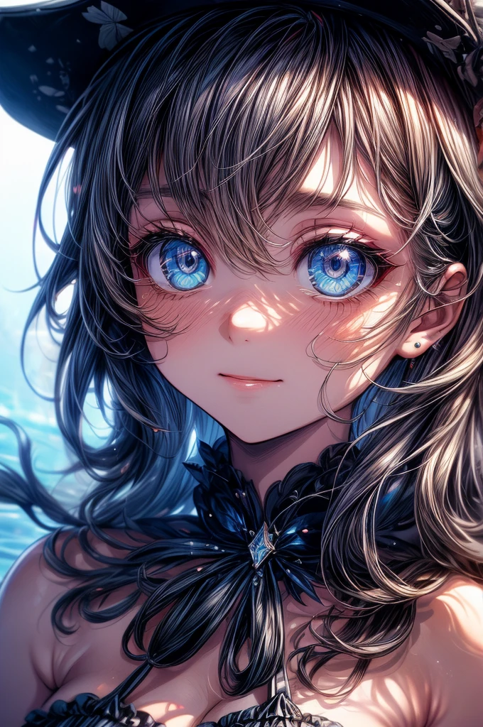 (Tabletop.Highest quality).(Dynamic Angle). (Amazingly detailed CG paintings),(Perfect Image)、Comic Strip.shape.One Girl.Detailed face、Perfect Face.Delicate face、Textured skin、Black Hair.length、(Horse-eared girl)Horse-eared girl、((Beautiful Blue Eyes)).Delicate and beautiful eyes、The eyes are detailed、Reflective Eyes、Watery eye、smile.(Gazing at the audience:1.3).(My face got a little red:0.8)、8k wallpaper、Cowboy Shot、reflected light、The finest details、Complex、Delicate background、Textured skin、Detailed skin、Swimwear, ((カラフルなSwimwear))