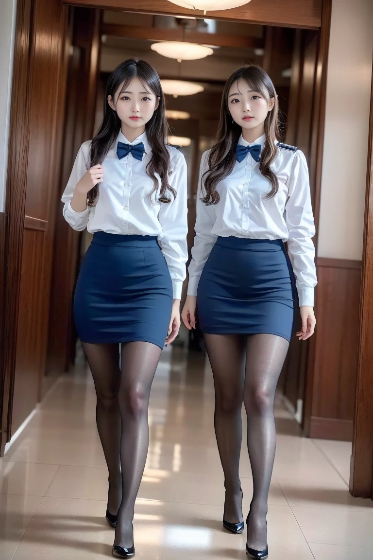 Ultra-high resolution, Realistic, Very detailed, Golden Ratio, Highest quality, 2人はAre standing姿の全身ショット, (promotional photoshoot), (Are standing), They stand on the floor in high heels, (Two beautiful high school girl secretaries with representative figures), Beautiful Face, (Realisticな face), (Blondeのショートカット:1.3), Japanese Blonde, Blonde, short hair, hair band, Glare, Frowning, Drooling, Long Tongue, Verbal invitation, compensate, Frowning, Frowningをする, Surrealism, First Person View, First Person View, Wide-angle, Ultra-high resolution, Anatomically correct, Super detailed, 16K, (Two beautiful secretaries,Standing side by side), They both wear the same uniform, (She is wearing a navy blue mini uniform..), (Not exposed),Not see-through, (wide thighs), (Very long legs), Dark blue uniform, (Micro Mini Skirt), (Her uniform is covered in white semen), No semen on my face, (Semen is an opaque white liquid), Contrast between black pantyhose and white semen, Clearly visible, (A lot of white semen flows on black pantyhose), ((This is clearly her after being raped.))