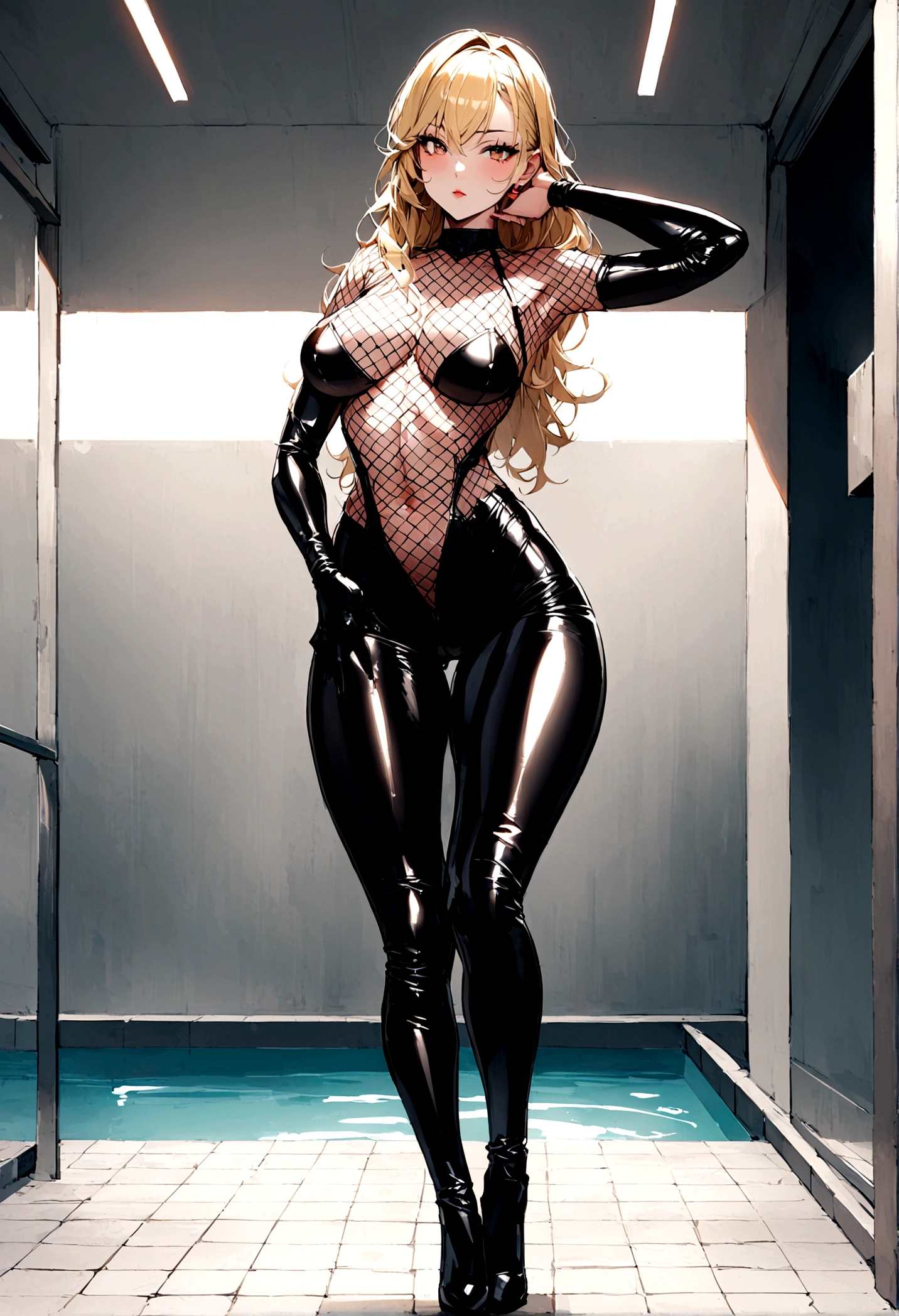 a woman in fishnets posing for a picture in a pool, very sexy outfit, sexy look, tight attire, blonde goddess, very sexy, fishnet clothes, sexy outfit, sexy girl, fishnet, sexy body, very sexy pose, wearing a black bodysuit, full body in view, sexy hot body, tight outfit, jaw dropping beauty, bodysuit