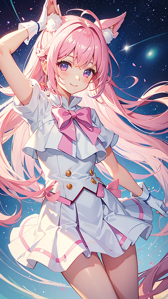Magical girl White costume mini skirt Pink long hair Ribbon in hair smile Great style Directly facing universe