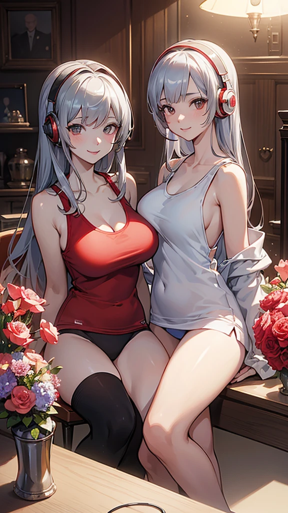 smile、Red cheeks、Official Art, masterpiece, Highest quality,Portrait of two girls、, JK,Tank top(silver, metallic, ) 8K,High resolution, ( flower_Styler:1.2)(headphone:1.2),(Excellent rendering, Stand out in the same class), (Amazing details, Excellent lighting, Wide-angle), Big Breasts(0.6), Absolute area, Detailed Background、Panty shot