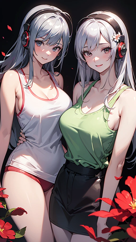 smile、Red cheeks、Official Art, masterpiece, Highest quality,Portrait of two girls、, JK,Tank top(silver, metallic, ) 8K,High resolution, ( flower_Styler:1.2)(headphone:1.2),(Excellent rendering, Stand out in the same class), (Amazing details, Excellent lighting, Wide-angle), Big Breasts(0.6), Absolute area, Detailed Background、Panty shot