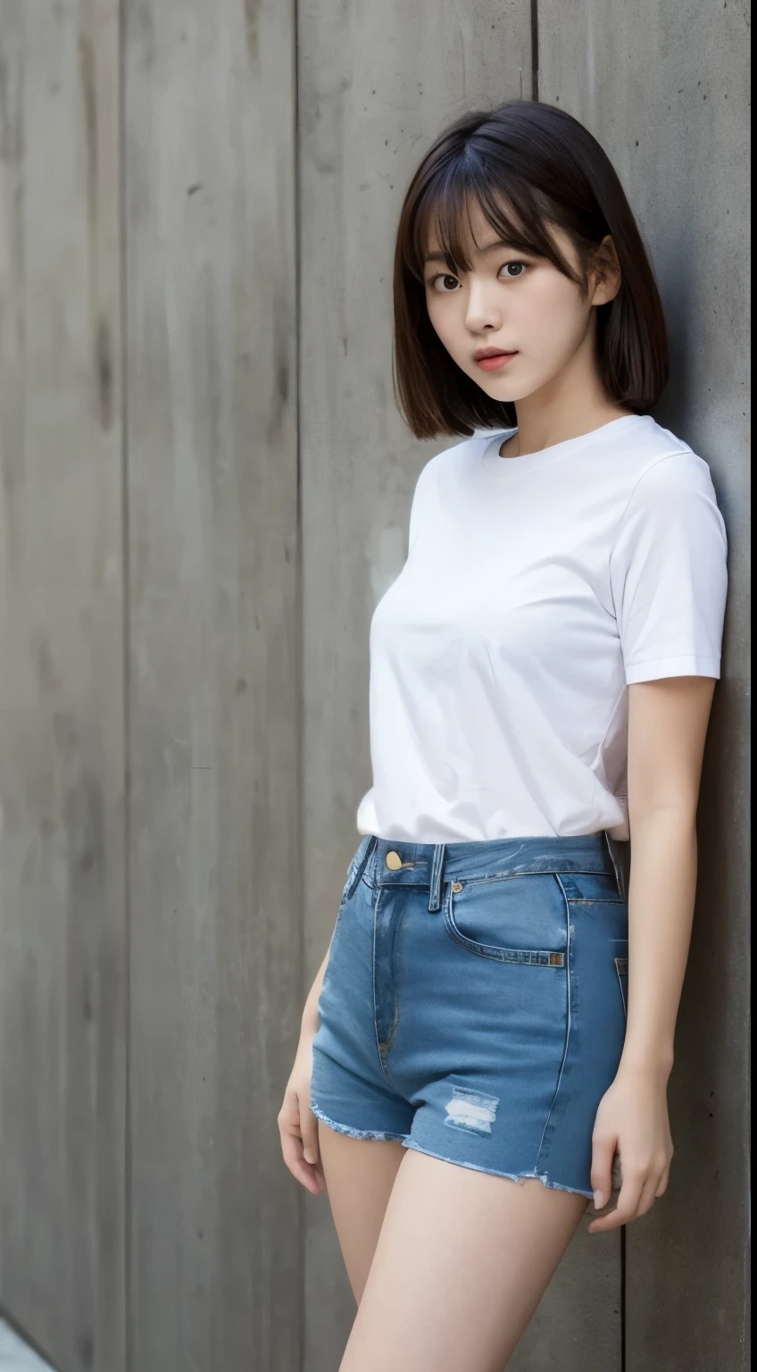 A beautiful young Japanese woman wearing simple denim shorts、Concrete wall background