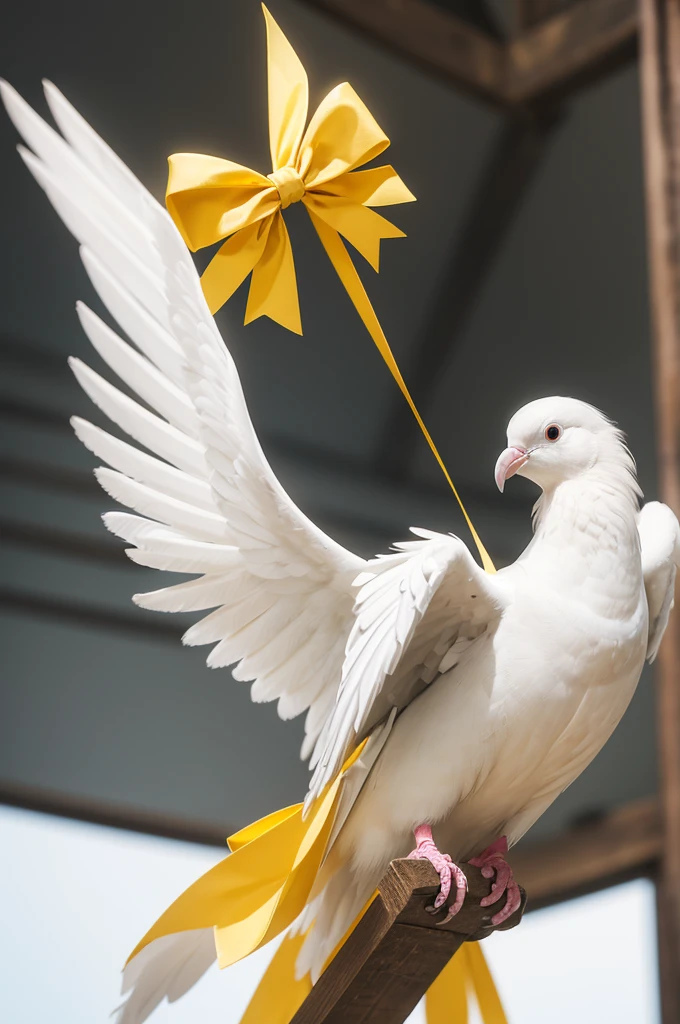 white holy dove with a cross on the chest and a yellow bow on the back and three crosses inside the bow