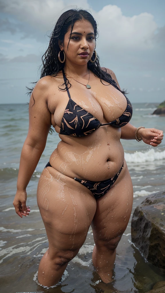 full body picture , BBW Wet curvy, wet Desi MOMMY showing her big ass in sexy sexy thong buffalo pattern bikini, visible bikini laces and showing cleavage and in nose ring, many bangles in hands,earings, necklace ,lipstick ,navel,Indian, Chubby, showing her curves in sea water, sea waves , rocks