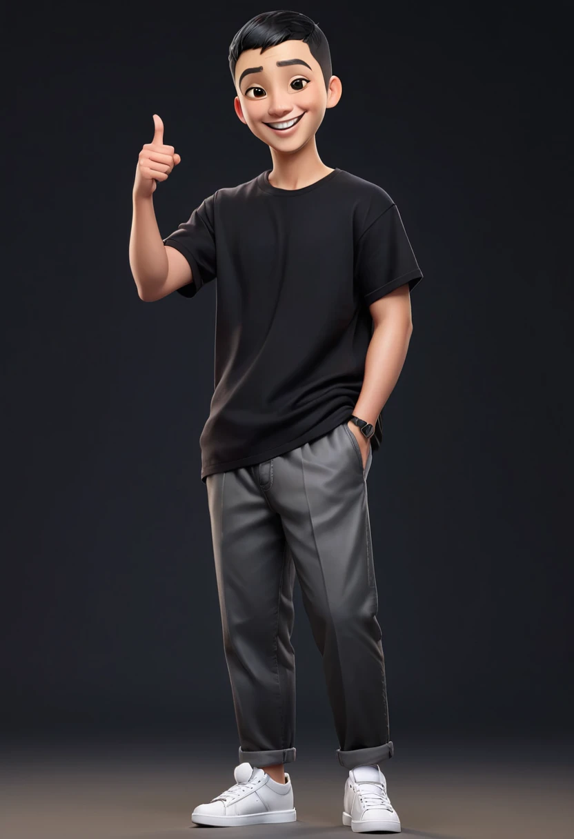 masterpiece, Top quality, highly detailed, realistic, Detailed Face, Detailed and realistic skin, perfect shiny skin, One male, young man, 20 years old, (Short buzz cut gradient black hair), full body,standing, front face , plain black big T-shirt, big trousers, talking with hand gestures, front view, big smile