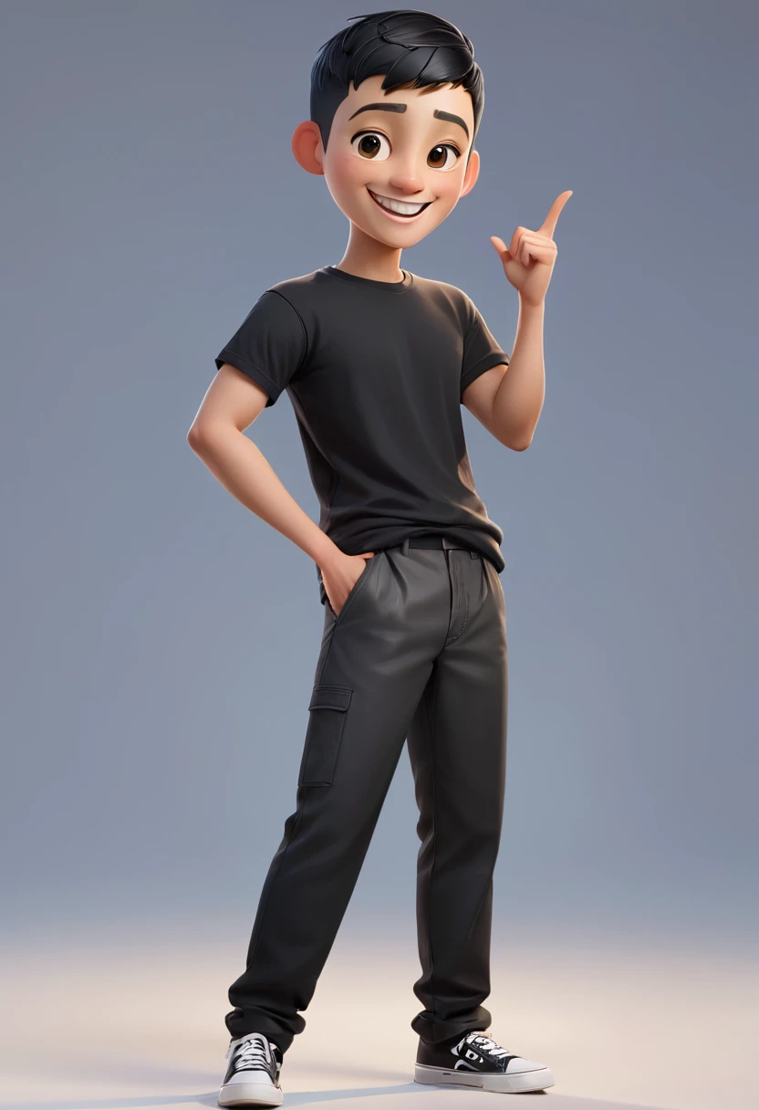 masterpiece, Top quality, highly detailed, realistic, Detailed Face, Detailed and realistic skin, perfect shiny skin, One male, young man, 20 years old, (Short buzz cut gradient black hair), full body,standing, front face , plain black big T-shirt, big trousers, talking with hand gestures, front view, big smile