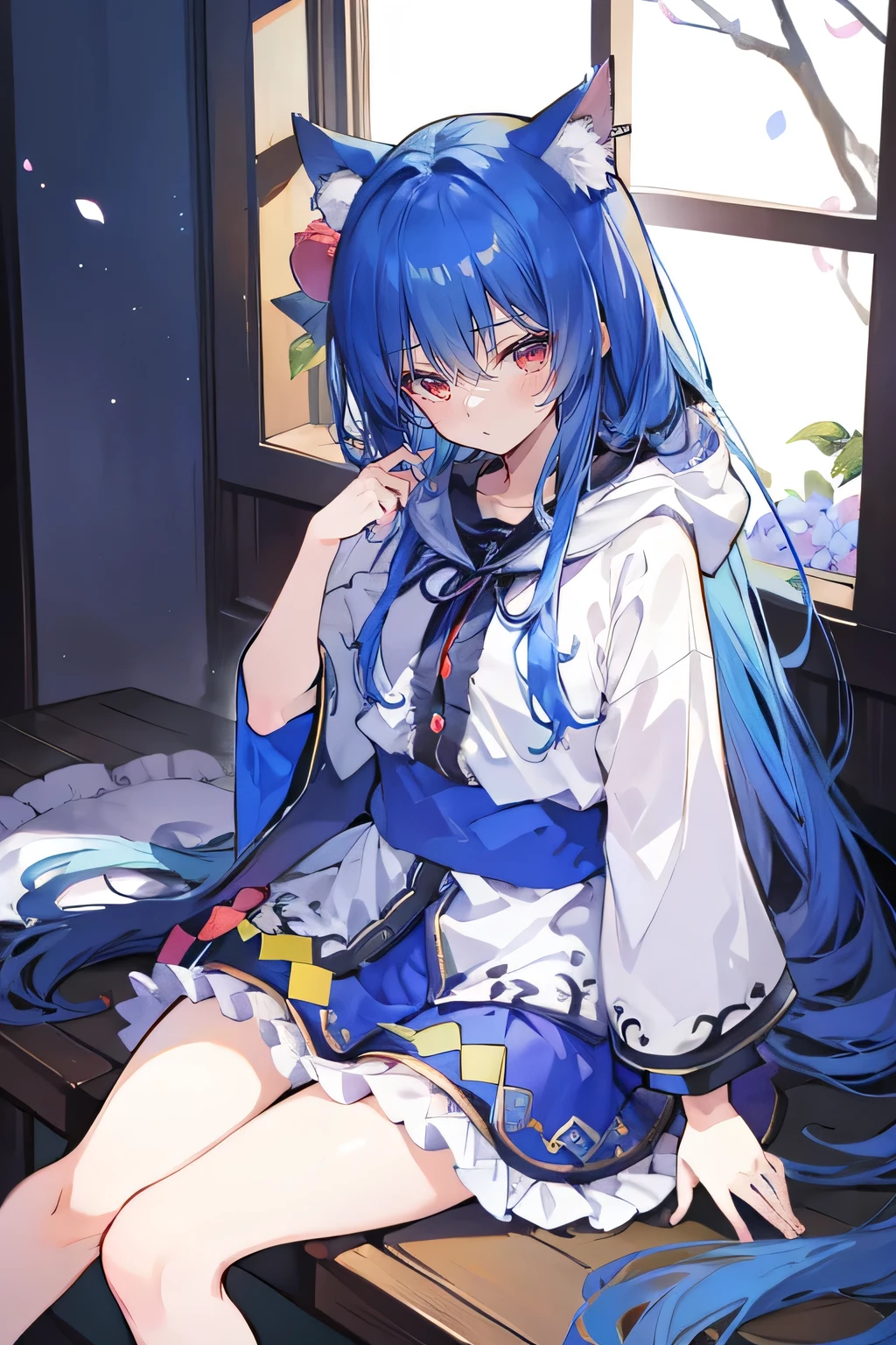 (masterpiece:1.uper detailed,lifelike,Expressive eyes,fair skin,perfect face shape,1 girl,
Japanese comics,Gorgeous blue hair,flowing blue hair,flowing clothes,Cat ears,Petals fall,beautiful lola,Baby Angel,
Shaking head with one hand,Cross your legs,Gentle and peaceful background,The pavilion is cool and comfortable,smile, wearing hoodie, In front of the window,snowing
