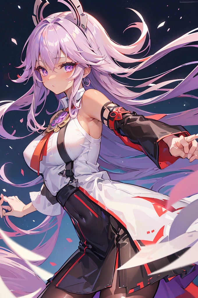 (best qualityer:1.4), high resolution, work of art,, 1 girl,, light purple hair, purples eyes, (Kemomimi), medium breasts, bare skinny thigh,, hair ornament, (rot|white japanese miko clothes), detached sleeves,, blush,, latern, sanctuary,, face detailed,