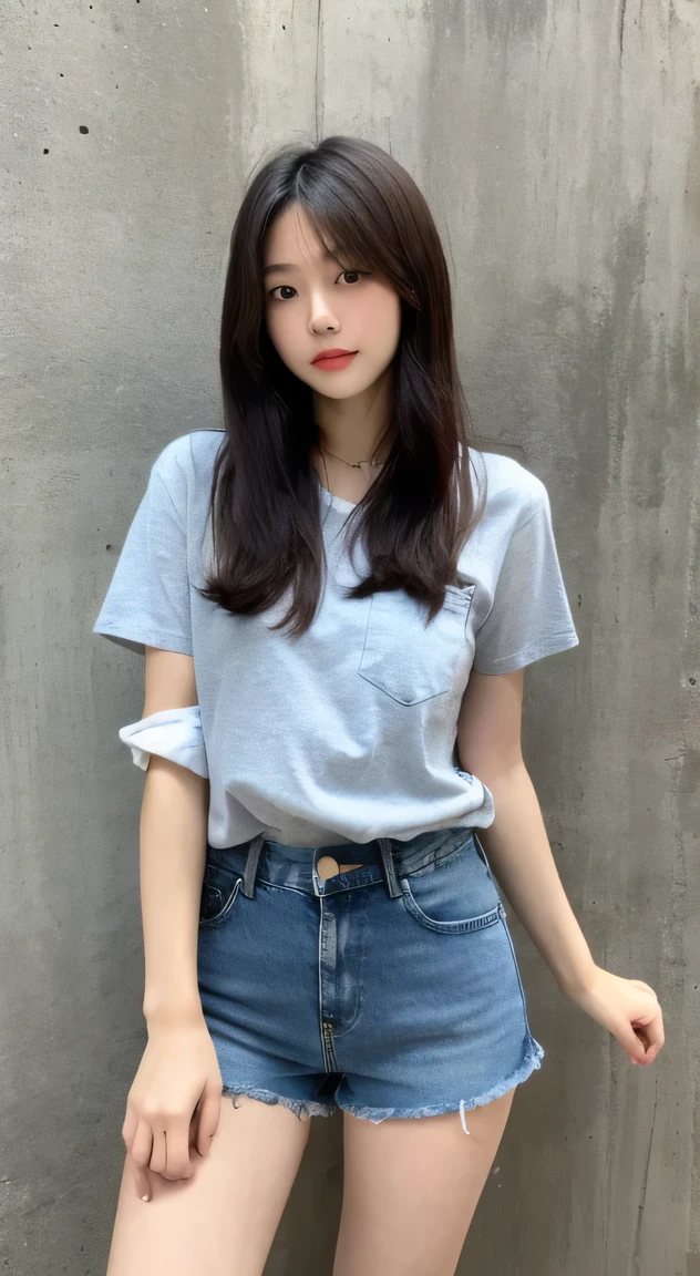 A beautiful young Japanese woman wearing simple denim shorts、Concrete wall background