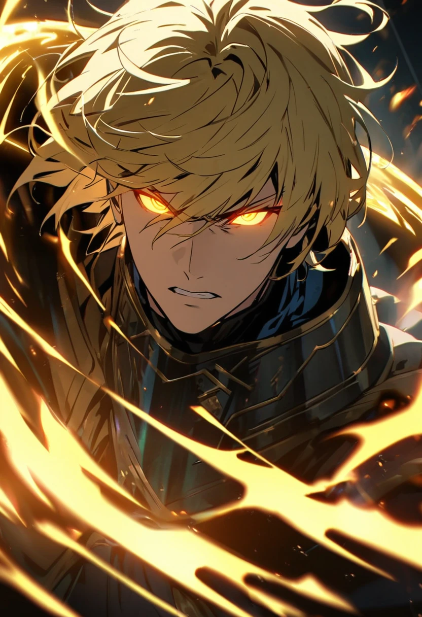 male, solo, handsome, blond hair, god, god eyes, glowing eyes, light, aura, holo, golden, face close, short hair, fighting
