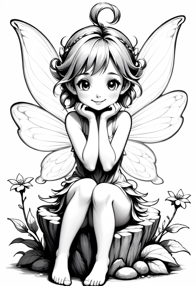 line drawing of a happy little FAIRY, the fairy must be small and sitting on one side, On white background, monochrome, black andwhite, no shadows, white background