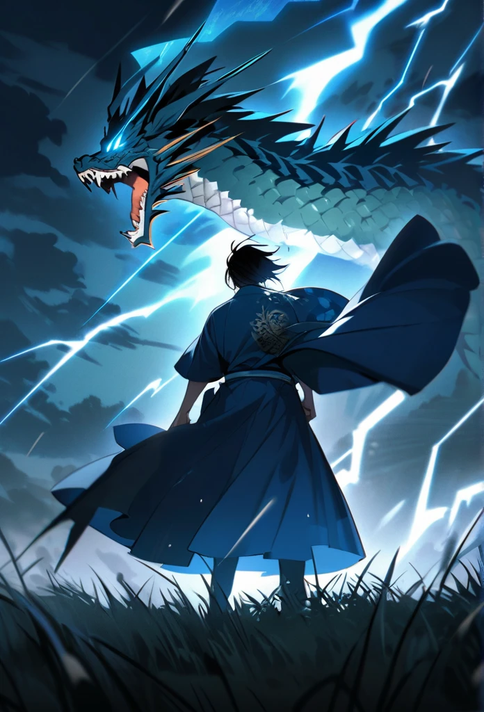 A man with long black hair and a blue kimono is standing in front of me.。Hair fluttering in the wind。A violent lightning strike with a blue glow behind it。rain。grassland。Night Sky。Big thunder。Oriental dragon flying in the sky。storm