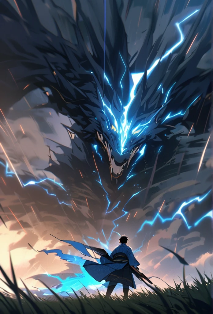 A man with long black hair and a blue kimono is standing in front of me.。Hair fluttering in the wind。A violent lightning strike with a blue glow behind it。rain。grassland。Night Sky。Big thunder。Oriental dragon flying in the sky