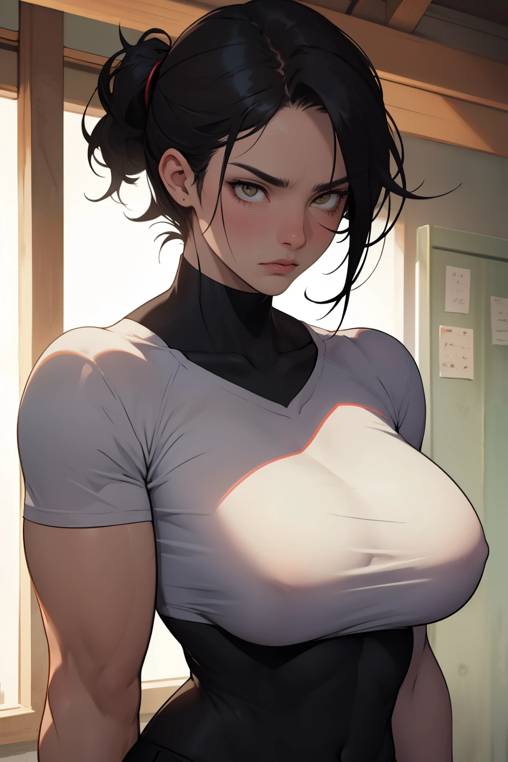 sad girl giant hair giant breasts giant muscles black hair yellow eyes pale skin extremely thick