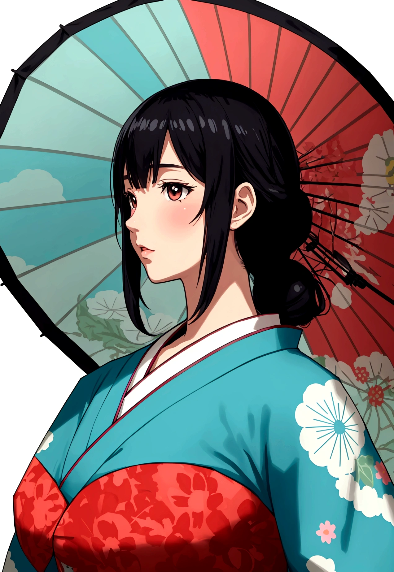 Stylish animated Japanese highschool gal transparent silhouette, brightly colored many umbrellas and polka dot background,