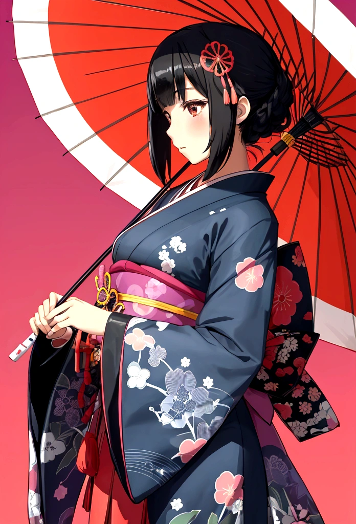 Stylish animated Japanese highschool gal transparent silhouette, brightly colored many umbrellas and polka dot background,