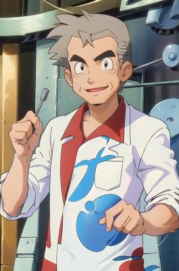 (masterpiece, best quality:1.2),1boy,solo,samuel oak \(pokemon\),upper body,black eyes,grey hair,lab coat,red shirt,looking at viewer,smile