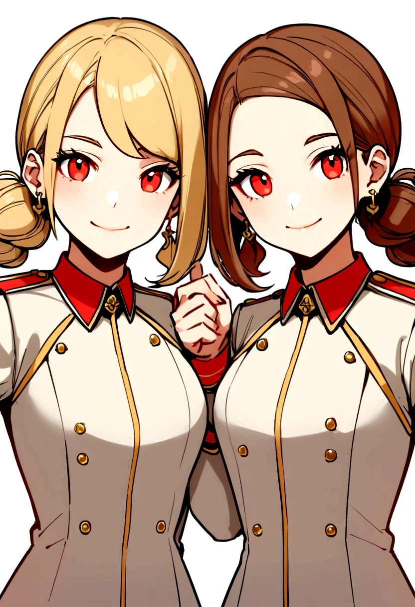 head of&#39;artwork, High quality, plusieurs filles, organisation, Same sisters, blond hair, earrings, (brown haired sisters, blonde sisters, many sisters, matching hairstyle, different hair colors), des yeux noisette, medium bust, ((matching clothes, uniforms)), ssmile, Plat_color, same size, jupe longue organisation pose, of the,