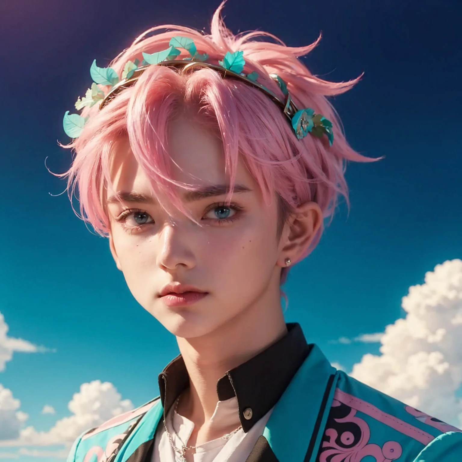 Handsome boy, pink hair, turquoise eyes, wearing turquoise crown, wearing blue jacket with black and pink color