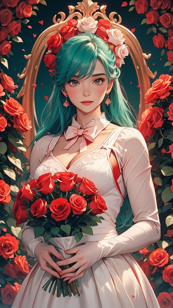 The image depicts a person holding a large, heart-shaped arrangement of red roses against a teal background. The individual is wearing a pale pink or white outfit that contrasts with the vibrant red roses. The overall scene exudes a romantic and perhaps celebratory atmosphere.