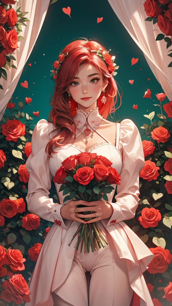 The image depicts a person holding a large, heart-shaped arrangement of red roses against a teal background. The individual is wearing a pale pink or white outfit that contrasts with the vibrant red roses. The overall scene exudes a romantic and perhaps celebratory atmosphere.