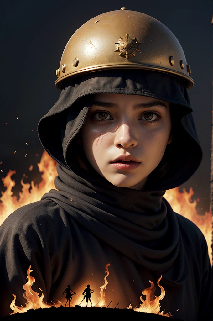 Al-Aqsa depicted in flames, intense focus on the iconic architecture succumbing to fire, global audience in background represented by silhouettes of diverse populations in various emotions of shock and concern, framed as if capturing a pivotal scene from an emotional historical drama, film-still style, emphasis on the contrast between the fire's harsh oranges and reds against the cool, monochromatic silhouettes, chiaroscuro, digital painting, capt