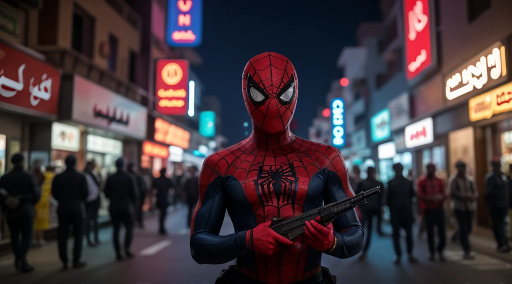 a spiderman in arabic muslim outfit standing in front of a bustling crowded arab neon city street holding ak-47 rifle, arabic sign, night, serious face, nighttime, ultra detail , hyper - realistic photography, full body, 8k, close - up shot, extreme close - up photo