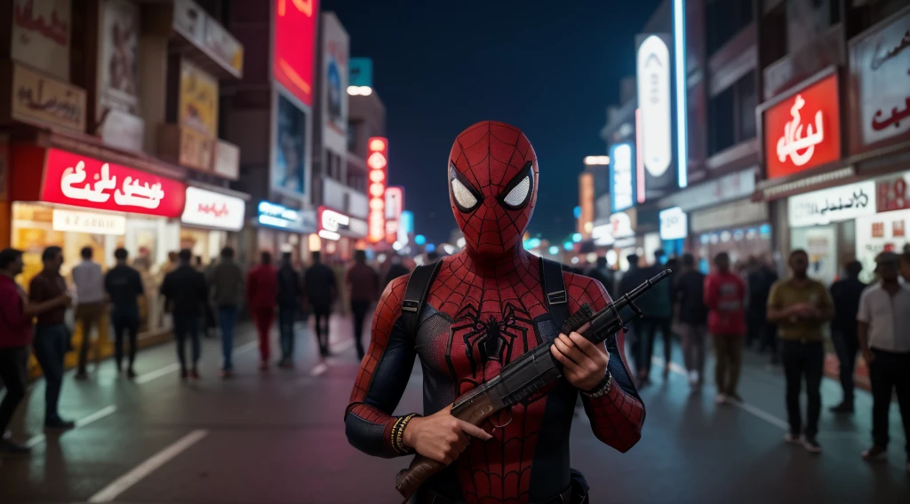 a spiderman in arabic muslim outfit standing in front of a bustling crowded arab neon city street holding ak-47 rifle, arabic sign, night, serious face, nighttime, ultra detail , hyper - realistic photography, full body, 8k, close - up shot, extreme close - up photo