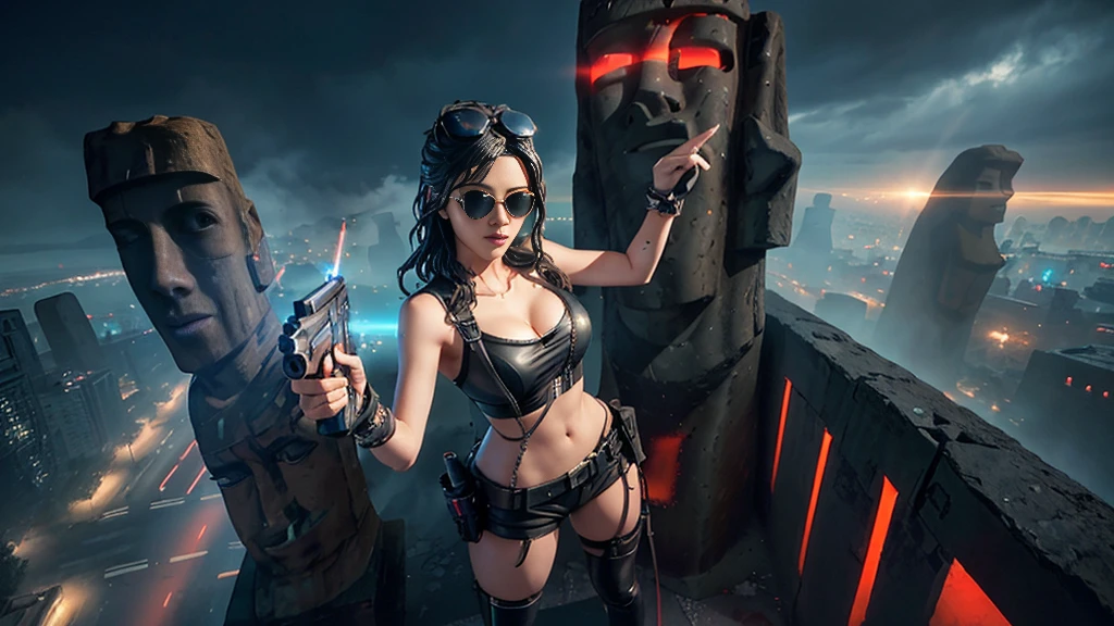 At night, dark sky, aerial view of fantasy cyberpunk style ((Moai-statue)) city, ((flying vehicle)). ((1girl, solo, alone)), photo realistic, medium-breast:1.1 slim body, cleavage, sexy clothes, (black sunglasses), (((hip-up standing and pistol aiming pose))), half-body thigh level medium shot, cinematic lighting.