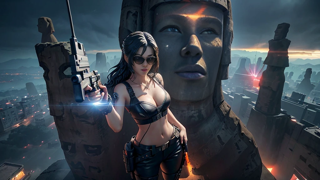 At night, dark sky, aerial view of fantasy cyberpunk style ((Moai-statue)) city, ((flying vehicle)). ((1girl, solo, alone)), photo realistic, medium-breast:1.1 slim body, cleavage, sexy clothes, (black sunglasses), (((hip-up standing and pistol aiming pose))), half-body thigh level medium shot, cinematic lighting.