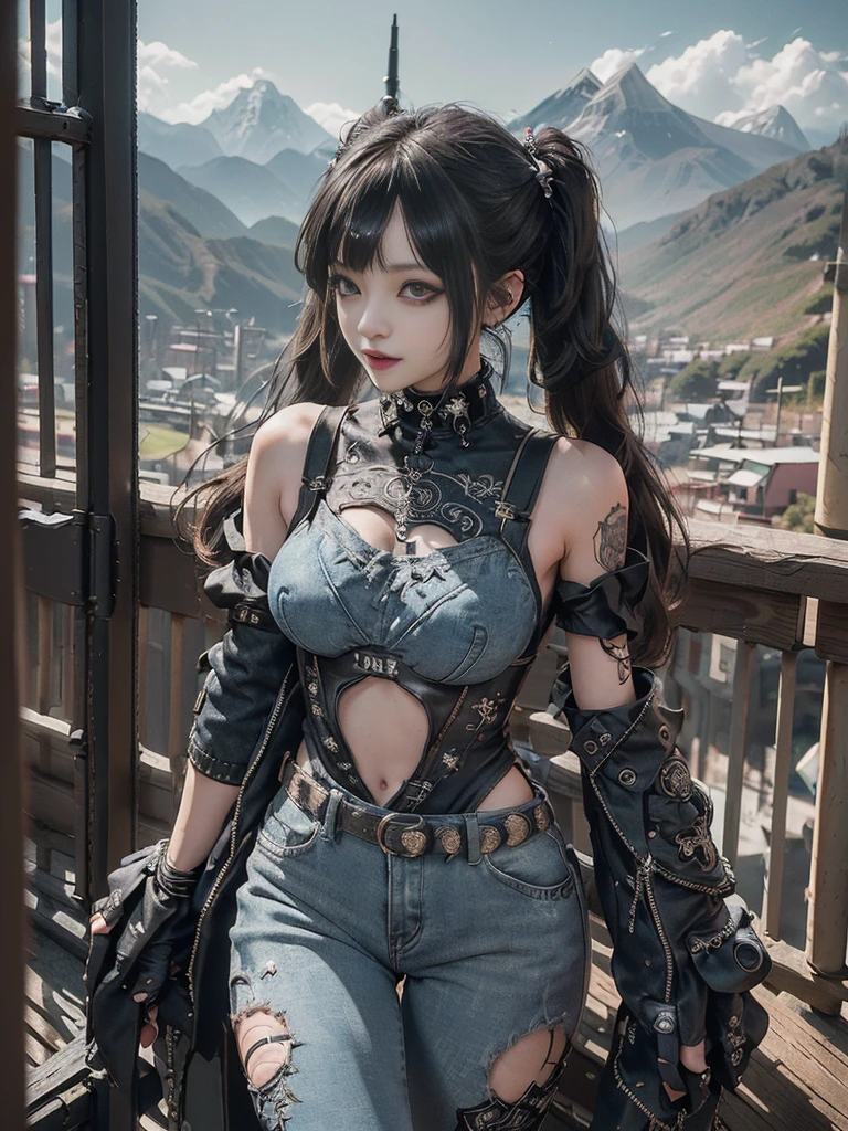 (Full Body View:1.4)、(Full body:1.3)、(Smiling with teeth showing:1.3),(Shibuya Gal:1.5)、(Gothic Lolita style fashion:1.5)、(Punk RockVisual Kei:1.5)、(Wearing a rhythmic gymnastics bodysuit with intricate details:1.4)、(Racing suit and pants with intricate decoration in beige, denim and charcoal:1.5)、(Denim and black and brown boots:1.3)、((belt))、(Numerous delicate logo marks all over the costume:1.4)、(collar:1.3)、(Polka dot underwear:1.5)、20-year-old、NSFW、((Highest quality、In 8K、masterpiece:1.3))、Sharp focus:1.2、(Layered Cut、Huge boobs:1.1),Beautiful woman with perfect figure:1.4、(do a gravure pose:1.3)、Slender Abs:1.2、Highly detailed face and skin texture、Detailed eyes、double eyelid,(Twin tails:1.3)、(Black brown hair:1.3)、Gravure idol、(The background is a vast mountain々Beautiful European tourist destinations:1.3)、(Slim body:1.3),(Make your legs thinner:1.4),(clavicle:1.1)