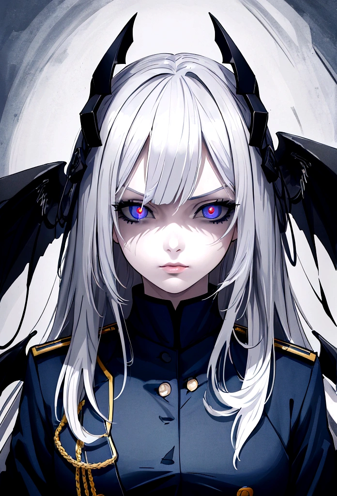(best quality,4k,8k,highres,masterpiece:1.2),1girl,anime,military uniform,dark blue uniform,long white hair,white eyes,evil look,detailed face,detailed eyes,detailed lips,longeyelashes,digital art,cinematic lighting,dark moody atmosphere,dramatic shadows on three sides