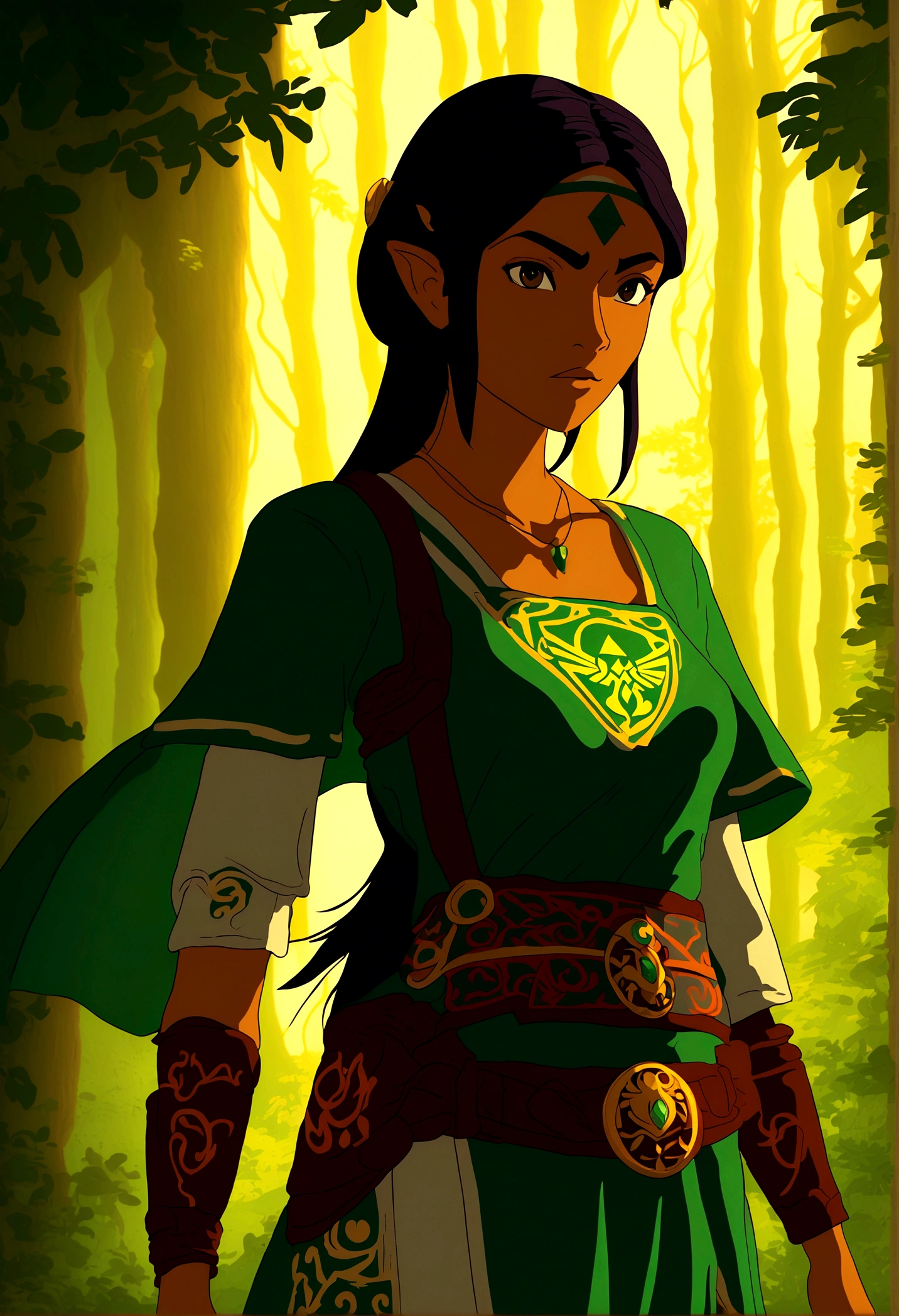 In a mesmerizing piece of milf-style art inspired by "The Legend of Zelda", a captivating woman is depicted. With a timeless allure, she dons an elegant dress that echoes the classic Zelda attire, complete with a green tapestry and a gold Hylian crest. Her hair, cascading in loose waves, is a brilliant blend of auburn and gold, reminiscent of the vibrant autumn leaves of Hyrule. A subtle hint of red blush graces her high cheekbones, adding a touch of charm and youthfulness to her otherwise mature features. Her eyes, sparkling with an inexplicable depth, are a mesmerizing shade