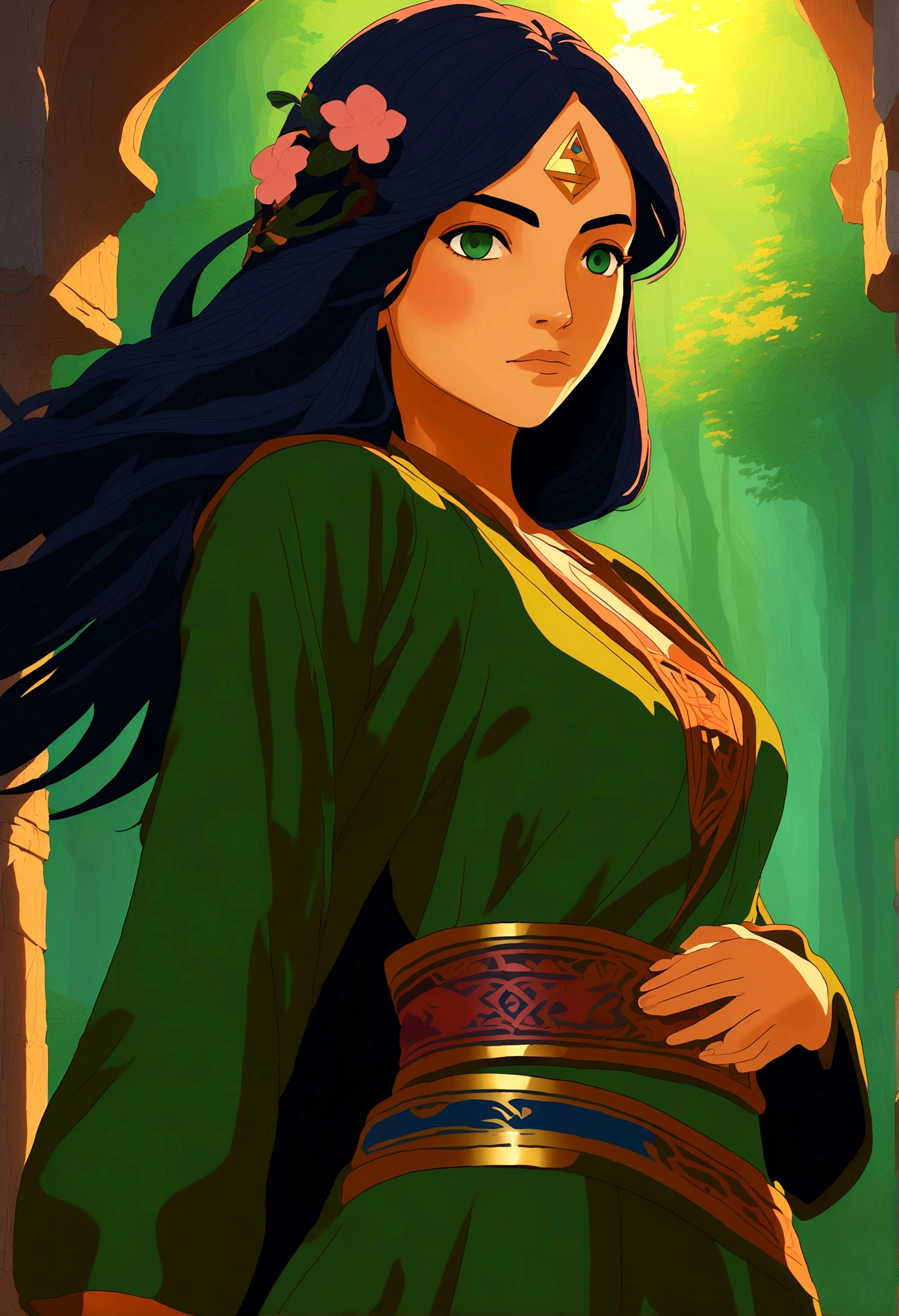 In a mesmerizing piece of milf-style art inspired by "The Legend of Zelda", a captivating woman is depicted. With a timeless allure, she dons an elegant dress that echoes the classic Zelda attire, complete with a green tapestry and a gold Hylian crest. Her hair, cascading in loose waves, is a brilliant blend of auburn and gold, reminiscent of the vibrant autumn leaves of Hyrule. A subtle hint of red blush graces her high cheekbones, adding a touch of charm and youthfulness to her otherwise mature features. Her eyes, sparkling with an inexplicable depth, are a mesmerizing shade