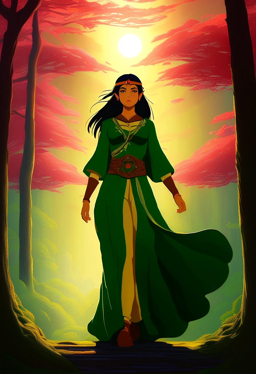 In a mesmerizing piece of milf-style art inspired by "The Legend of Zelda", a captivating woman is depicted. With a timeless allure, she dons an elegant dress that echoes the classic Zelda attire, complete with a green tapestry and a gold Hylian crest. Her hair, cascading in loose waves, is a brilliant blend of auburn and gold, reminiscent of the vibrant autumn leaves of Hyrule. A subtle hint of red blush graces her high cheekbones, adding a touch of charm and youthfulness to her otherwise mature features. Her eyes, sparkling with an inexplicable depth, are a mesmerizing shade