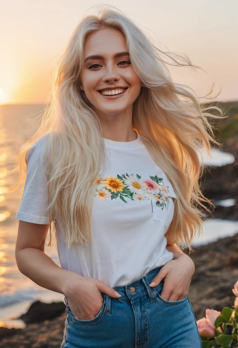 8k, Delicate facial features, ultra-clear, blonde white long hair, smile, flower in hand, coast, jeans and knee-length T-shirt, thick makeup, smoky makeup, photo sideways to the viewer, sunset, shot on vinyl film