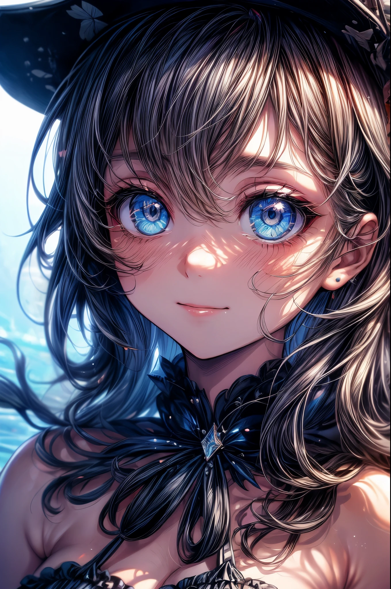 (Tabletop.Highest quality).(Dynamic Angle). (Amazingly detailed CG paintings),(Perfect Image)、Comic Strip.shape.One Girl.Detailed face、Perfect Face.Delicate face、Textured skin、Black Hair.length、(Horse-eared girl)Horse-eared girl、((Beautiful Blue Eyes)).Delicate and beautiful eyes、The eyes are detailed、Reflective Eyes、Watery eye、smile.(Gazing at the audience:1.3).(My face got a little red:0.8)、8k wallpaper、Cowboy Shot、reflected light、The finest details、Complex、Delicate background、Textured skin、Detailed skin、Swimwear, ((カラフルなSwimwear))