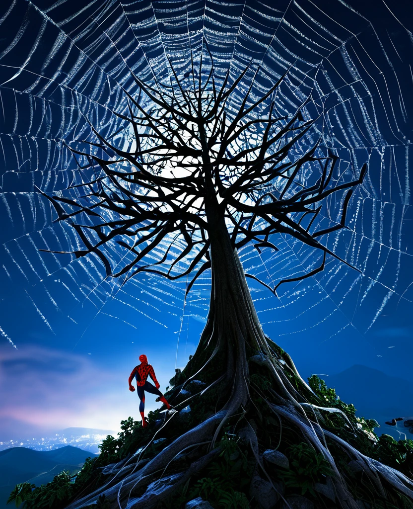 Mountain in heaven with night full of starts with spidermen side tree