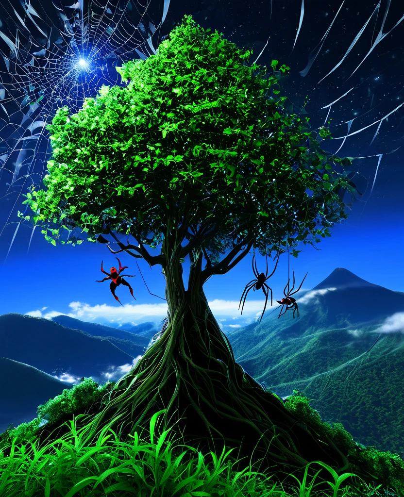 Mountain in heaven with night full of starts with spidermen side tree