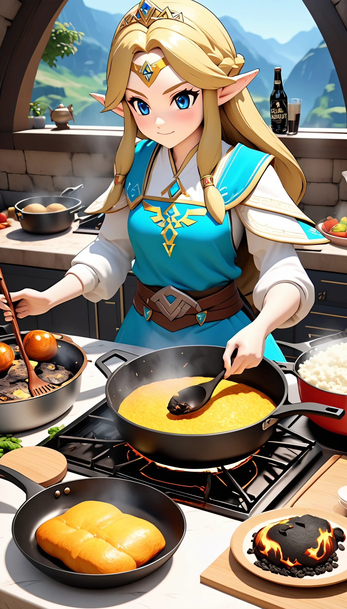the legend of zelda, Princess Zelda, Official Fan Art, First Grand Prize Winner, 
BREAK Professional spray work, Detailed and intricate texture, Detailed and intricate brushwork, Detailed and clear depiction, Anatomically correct, Absurd aesthetics, BREAK Princess Zelda, 
BREAK (((Fail to cook, Burnt food)), I am serious about cooking), 
BREAK New World Record, Guinness World Record Break, A legend that will be passed down forever, 
Fantasy adventure RPG, Charming character, Full 3D CG, 
Optimized Octa Rendering, Aesthetic posters that attract new players, 